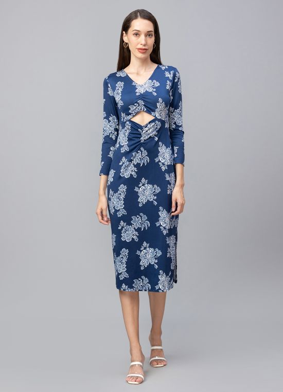 Globus Women Navy Printed Midi Bodycon Dress