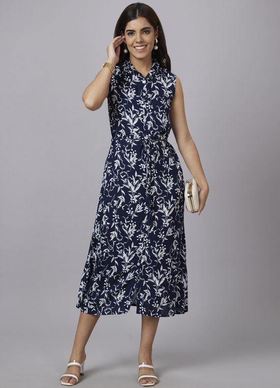 Globus Women Navy Printed Shirt Collar A-Line Midi Dress