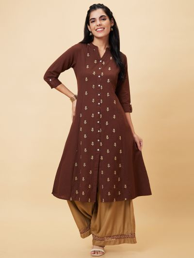 Globus Women Brown Embroidered Mandarin Collar A-Line Kurta