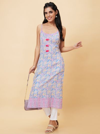 Globus Women Blue Printed Sleeveless Straight Kurta