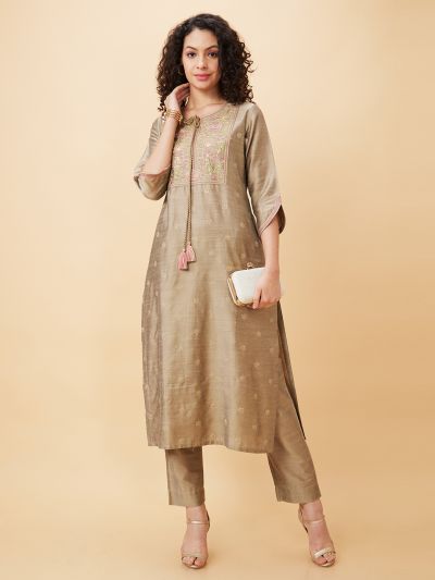 Globus Women Taupe Embroidered Straight Kurta Set with Trouser