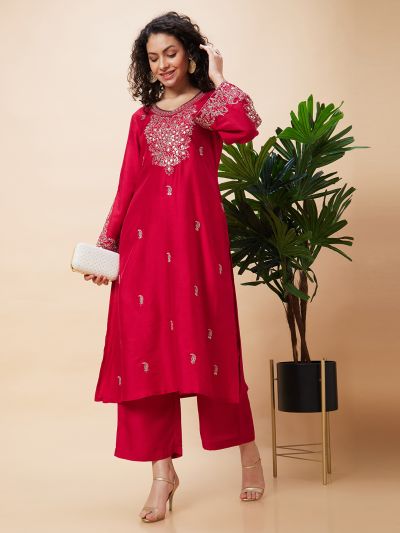 Globus Women Red Embroidered V-Neck Yoke Gota Patti Flared Sleeves Festive A-Line Kurta Set with Trouser