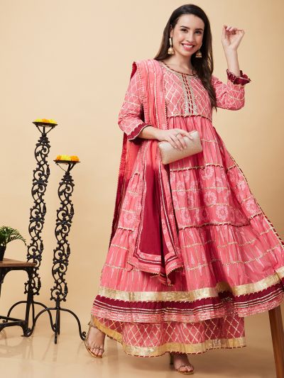 Globus Women Pink Ethnic Motifs Print 3-Piece Festive Anarkali Kurta Set with Sharara and Dupatta