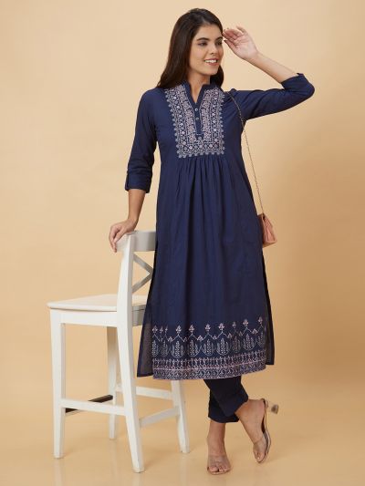 Globus Women Navy Embroidered Kurta Set with Trouser