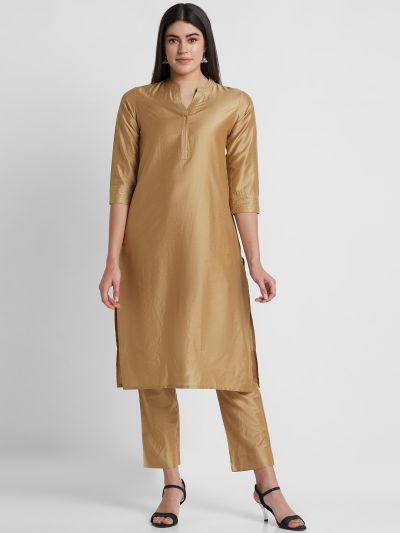 Globus Women Gold Solid Straight Kurta Set with Trouser