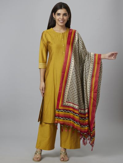 Globus Women Mustard Solid A-Line Kurta Set with Palazzo and Dupatta