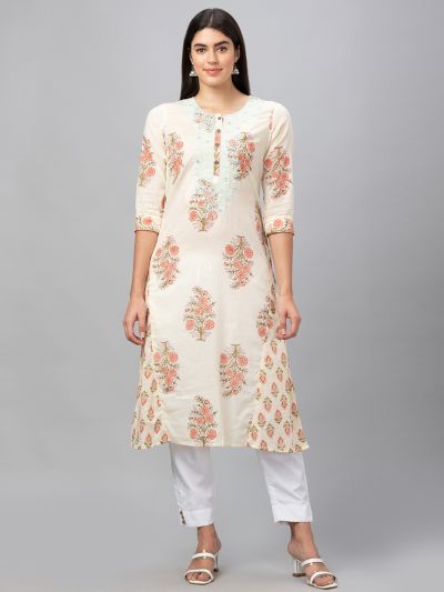 Globus Women Ecru Printed Round Neck 3/4 Sleeves Panelled A-Line Kurta