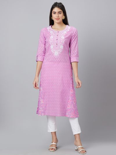 Globus Women Lavender Printed Round Neck A-Line Kurta