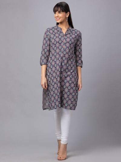 Globus Women Indigo Printed Mandarin Collar 3/4 Sleeves Straight Kurta