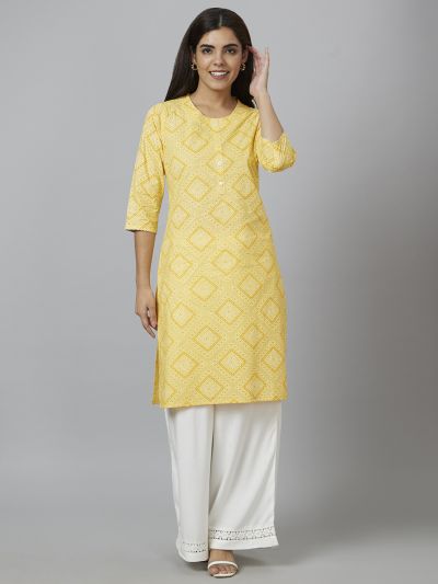 Globus Women Yellow Printed Straight Kurta