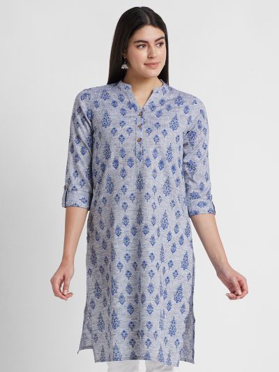 Globus Women Blue Printed Mandarin Collar Straight Kurta