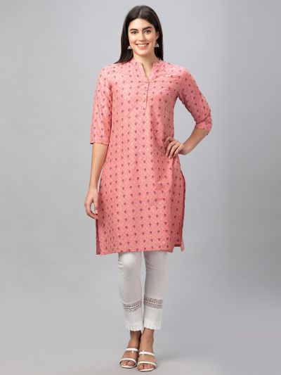 Globus Women Pink Printed Mandarin Collar 3/4 Sleeves Straight Kurta