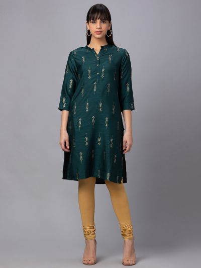 Globus Women Bottle Green Mandarin Collar 3/4 Sleeves Gold Printed Straight Kurta