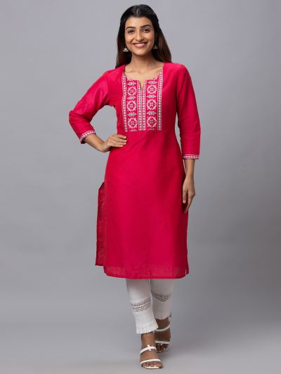 Globus Women Pink Round Neck Solid Column Kurta With Yoke Print Detail