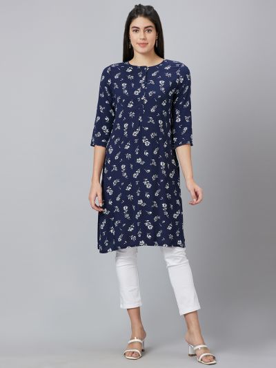 Globus Women Navy Printed Round Neck Straight Kurta