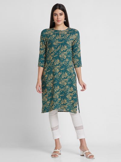 Globus Women Green Printed Round Neck Straight Kurta