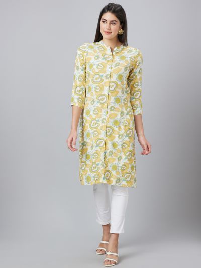 Globus Women Off White Printed Mandarin Collar Straight Kurta