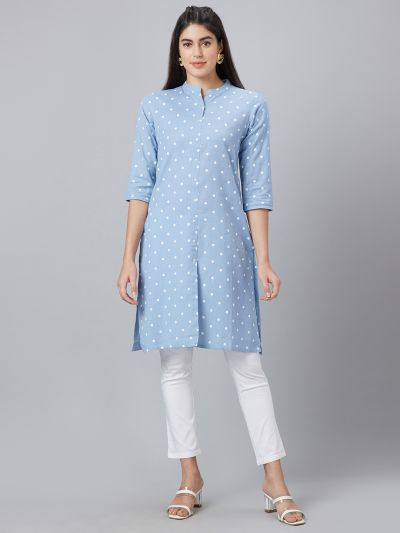 Globus Women Blue Printed Mandarin Collar Straight Kurta