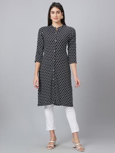 Globus Women Black Printed Mandarin Collar Straight Kurta