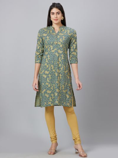 Globus Women Green Printed Mandarin Collar Straight Kurta