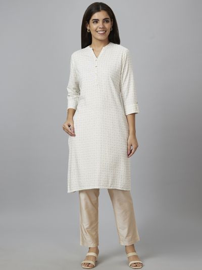 Globus Women Off White Printed Straight Kurta