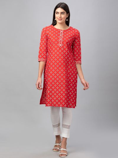 Globus Women Red Printed Round Neck 3/4 Sleeves Straight Kurta