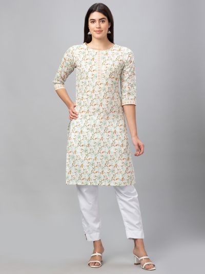 Globus Women Off White Printed Round Neck 3/4 Sleeves Straight Kurta