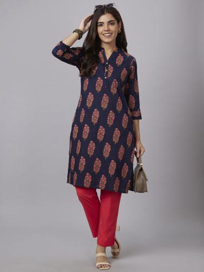 Globus Women Blue Printed Mandarin Collar Straight Kurta