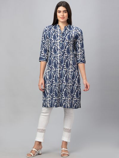 Globus Women Indigo Printed Mandarin Collar 3/4 Sleeves Straight Kurta