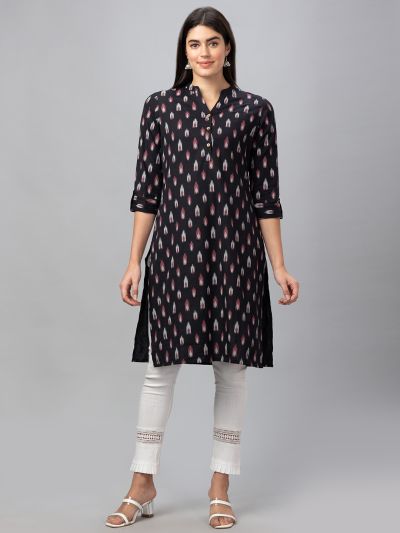 Globus Women Black Printed Mandarin Collar 3/4 Sleeves Straight Kurta