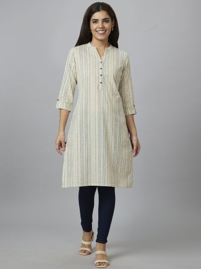 Globus Women Off White Striped Straight Kurta