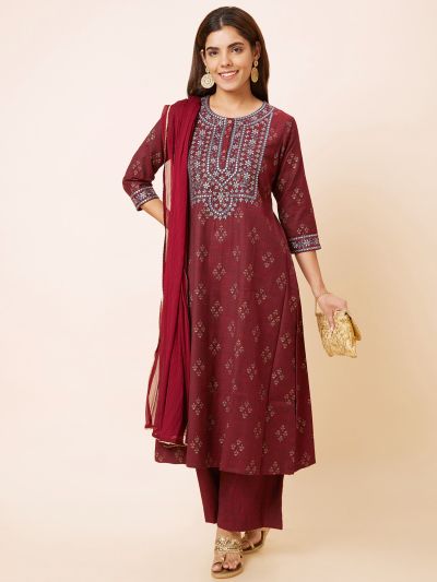 Globus Women Maroon Printed Straight Kurta Set with Palazzo and Dupatta