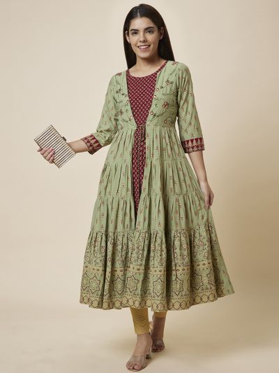 Globus Women Olive Printed Anarkali Layered Festive Kurta