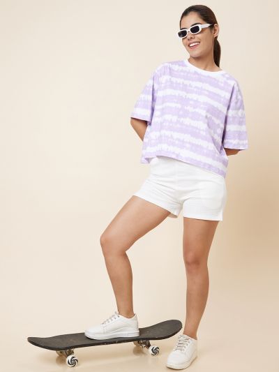 Globus Women Lavender Boxy Fit Tie and Dye Cotton T-Shirt