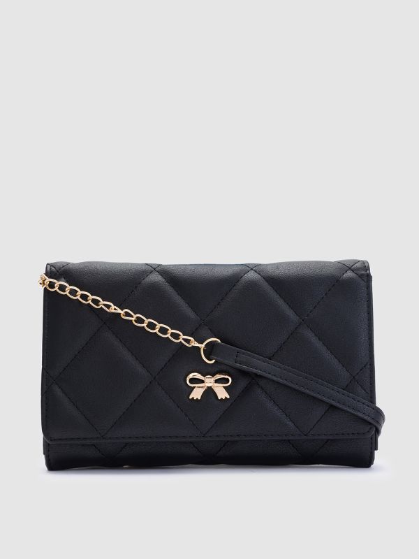 Globus Black Textured PU Envelope Wallet with Bow Detail