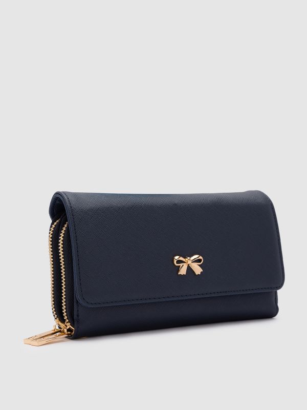 Globus Navy Blue Solid PU Envelope Wallet with Bow Detail