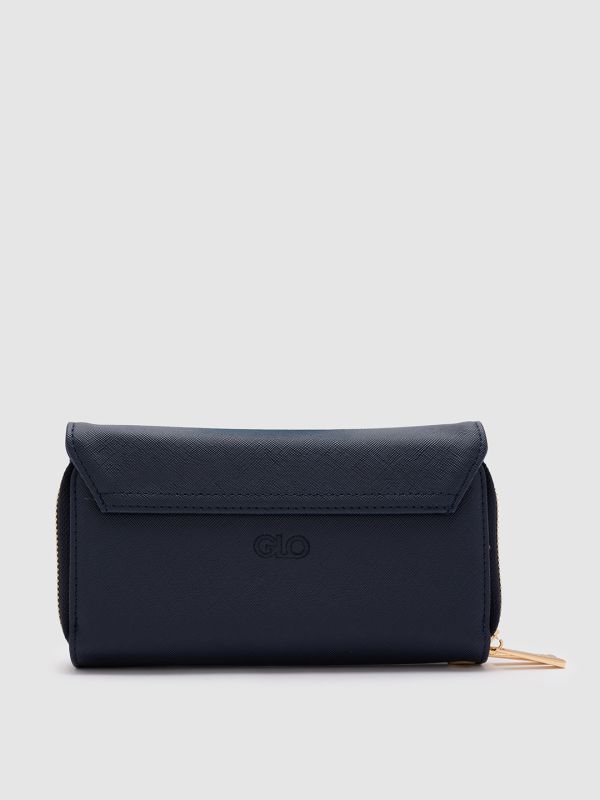 Globus Navy Blue Solid PU Envelope Wallet with Bow Detail