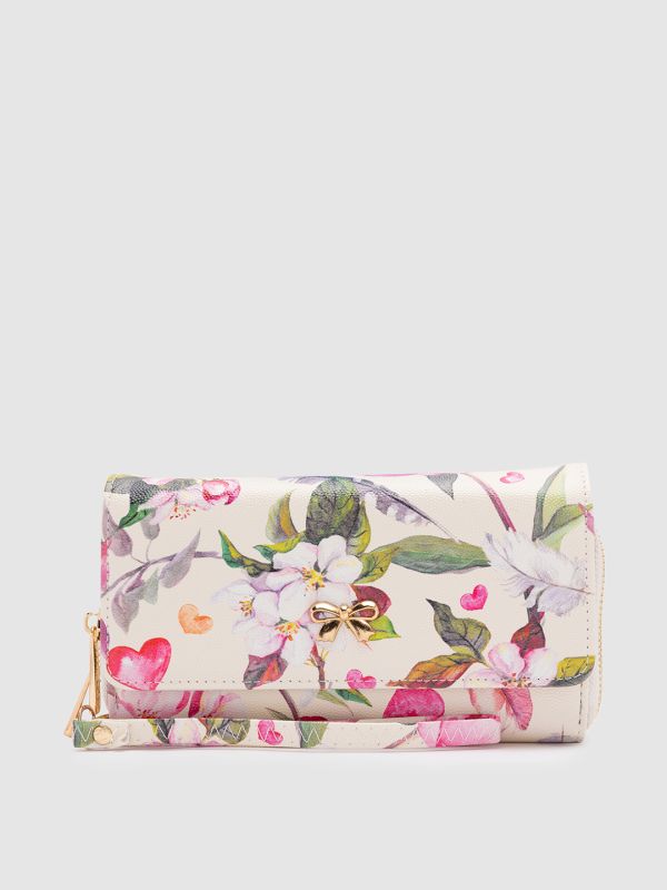 Globus White Printed PU Envelope Wallet with Bow Detail