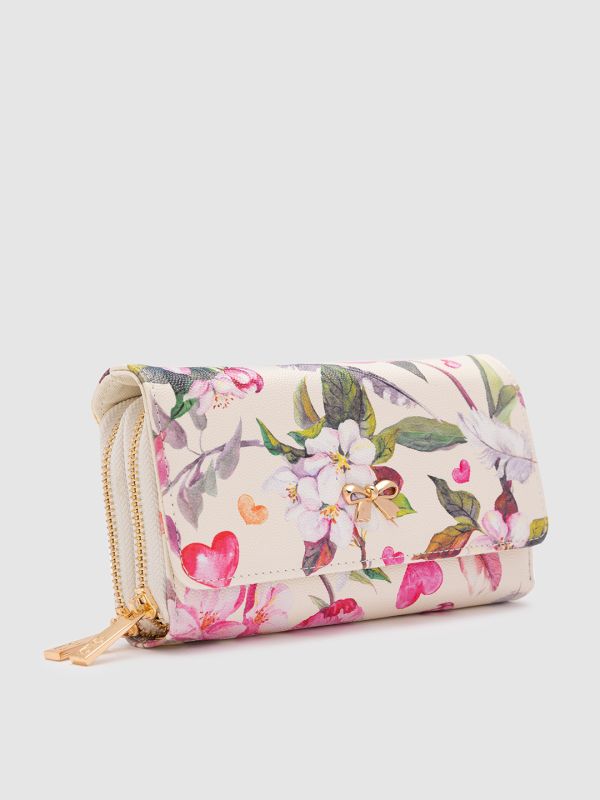 Globus White Printed PU Envelope Wallet with Bow Detail