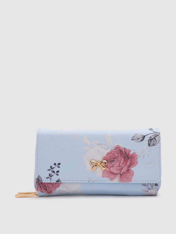 Globus Blue Printed PU Envelope Wallet with Bow Detail