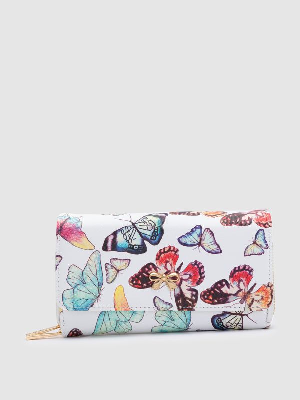 Globus White Printed PU Envelope Wallet with Bow Detail