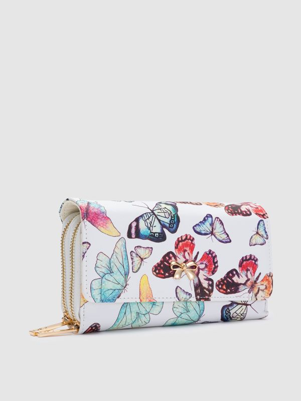 Globus White Printed PU Envelope Wallet with Bow Detail