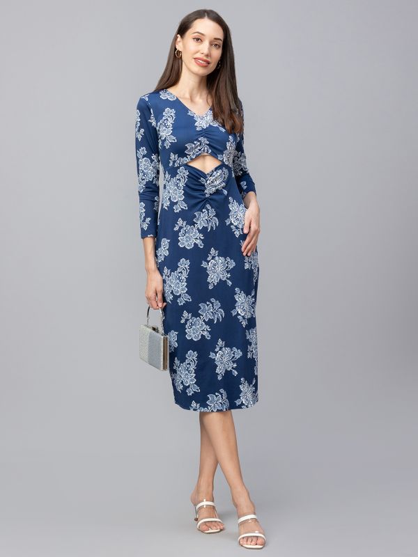 Globus Women Navy Printed Midi Bodycon Dress