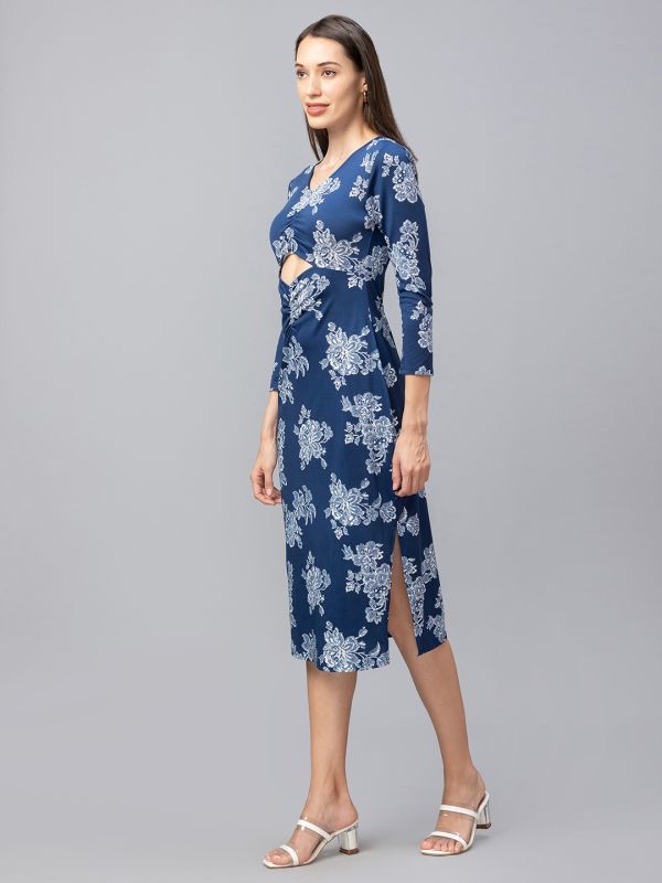 Globus Women Navy Printed Midi Bodycon Dress