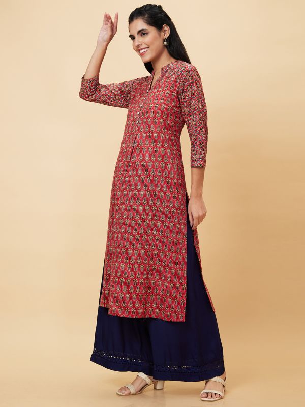 Globus Women Red Printed Mandarin Collar Straight Kurta