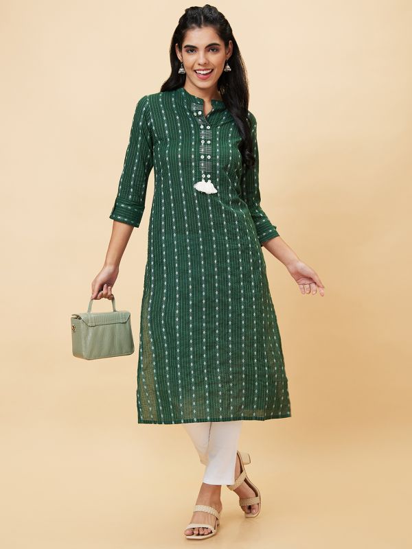 Globus Women Green Woven Design Mandarin Collar Straight Kurta