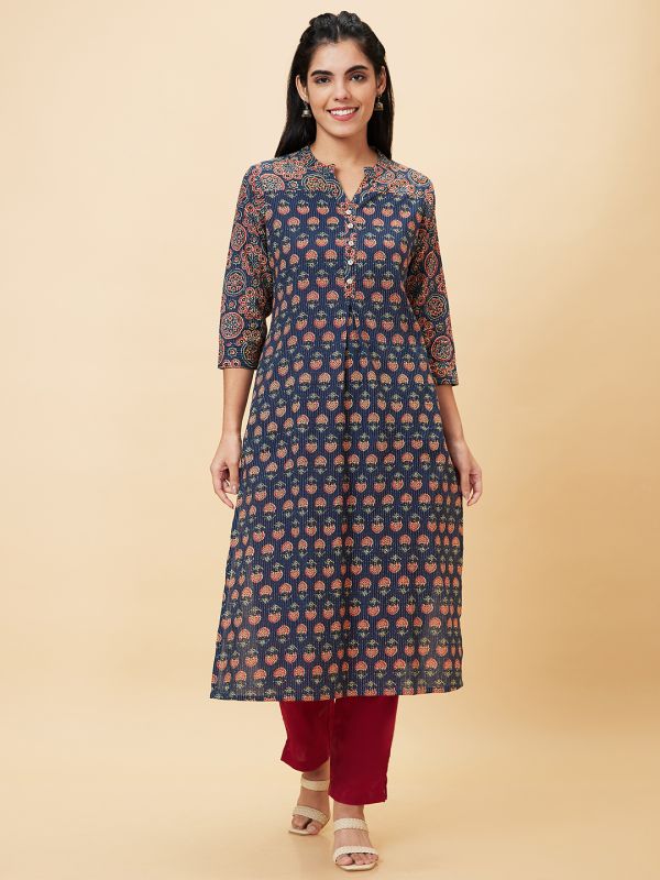 Globus Women Teal Printed Mandarin Collar A-Line Kurta