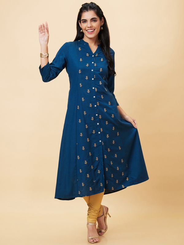 Globus Women Blue Embroidered Mandarin Collar Straight Kurta