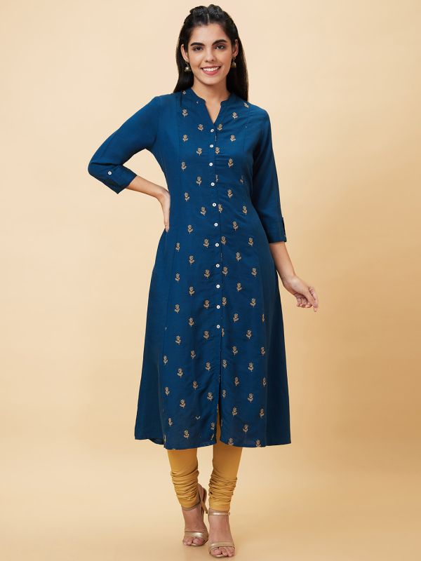 Globus Women Blue Embroidered Mandarin Collar Straight Kurta