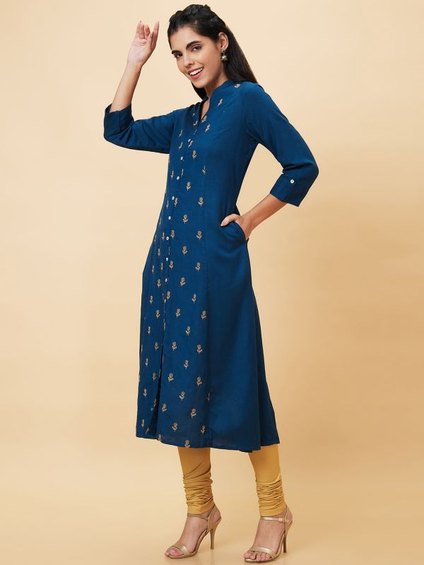 Globus Women Blue Embroidered Mandarin Collar Straight Kurta